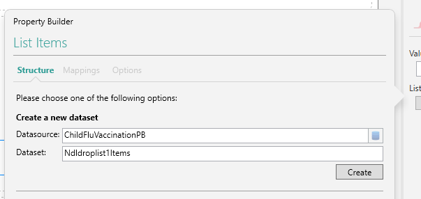 Picture showing the Create a New Dataset Option in the Property Builder. 